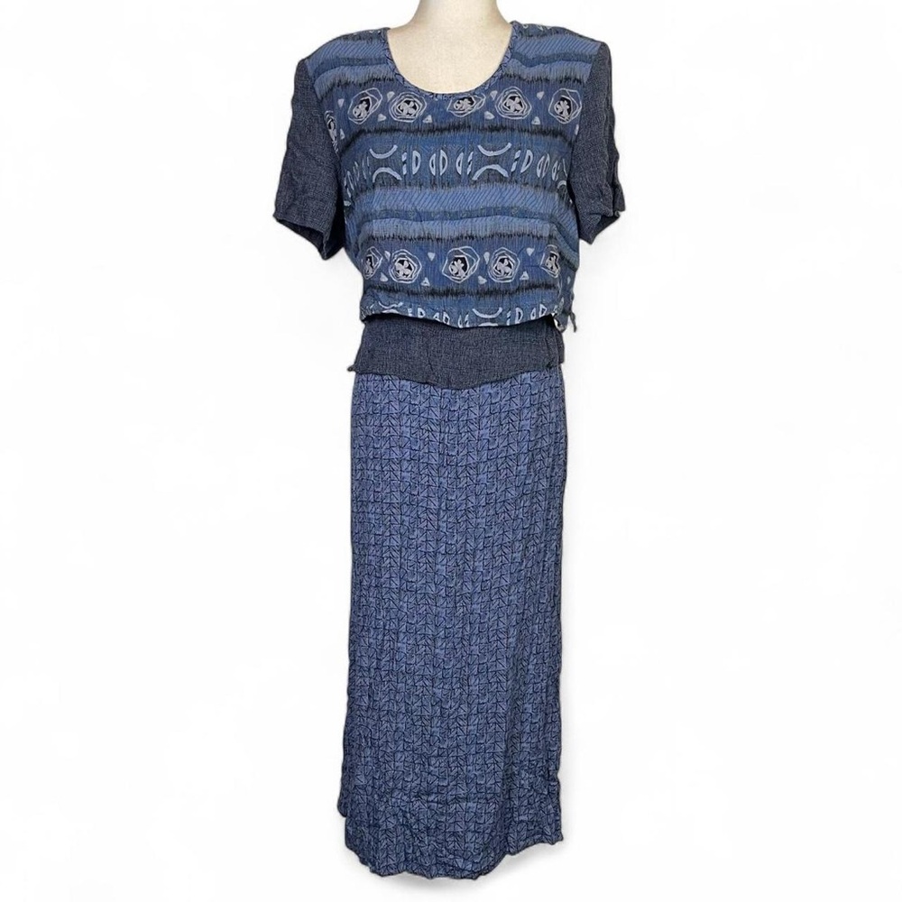 Vintage 80s 90s K Studio Plus Size 18 Maxi Dress Tie Waist Blue Art To Wear